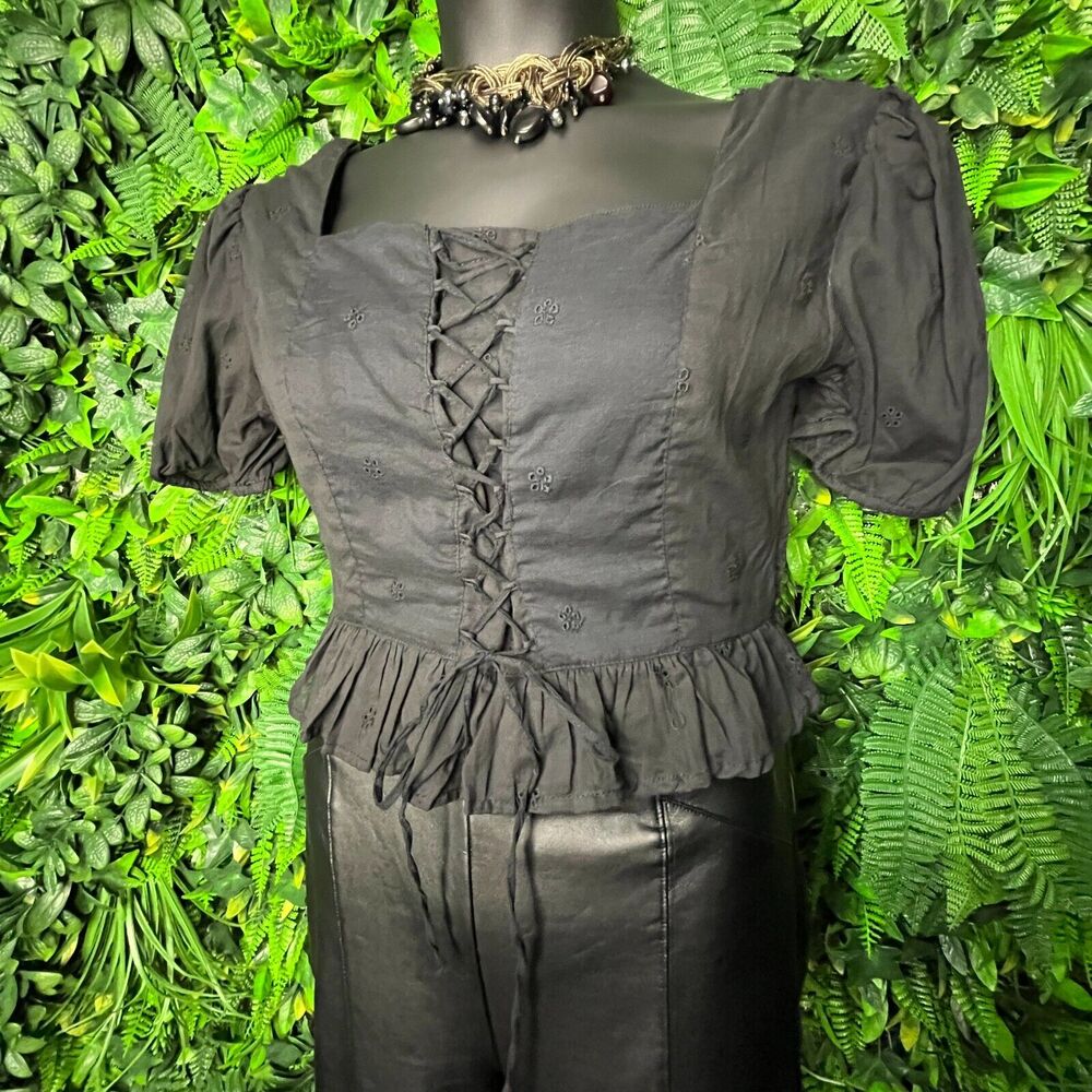 IKY &‎ ME Tops Women Small Black Bohemian Crop Top Embroidery Tie accent 0663